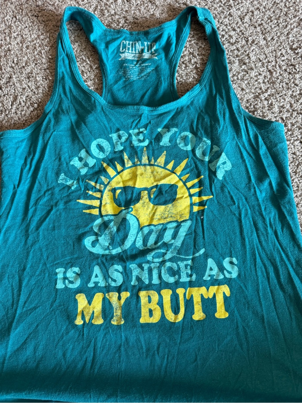 Chin Up Apparel Teal Tank Top with Yellow Sun Graphic